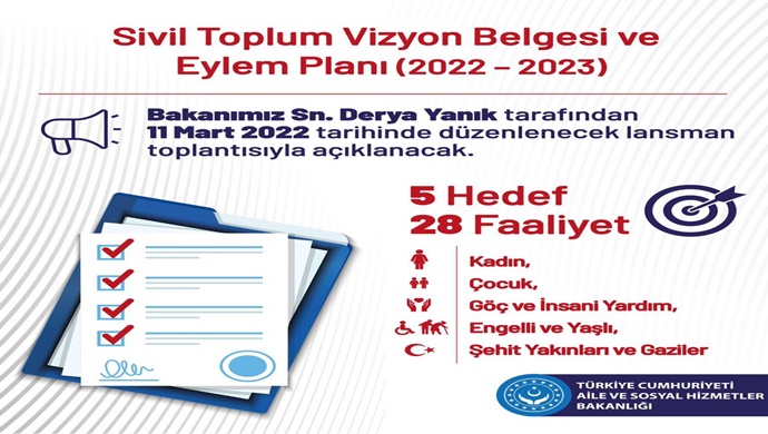 Bakanımız Derya Yanık Sivil Toplum Vizyon Belgesi ve Eylem Planını (2022 – 2023) yarın açıklayacak