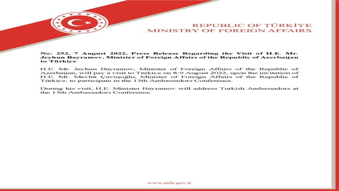 Press Release Regarding the Visit of H.E. Mr. Jeyhun Bayramov, Minister of Foreign Affairs of the Republic of Azerbaijan to Türkiye